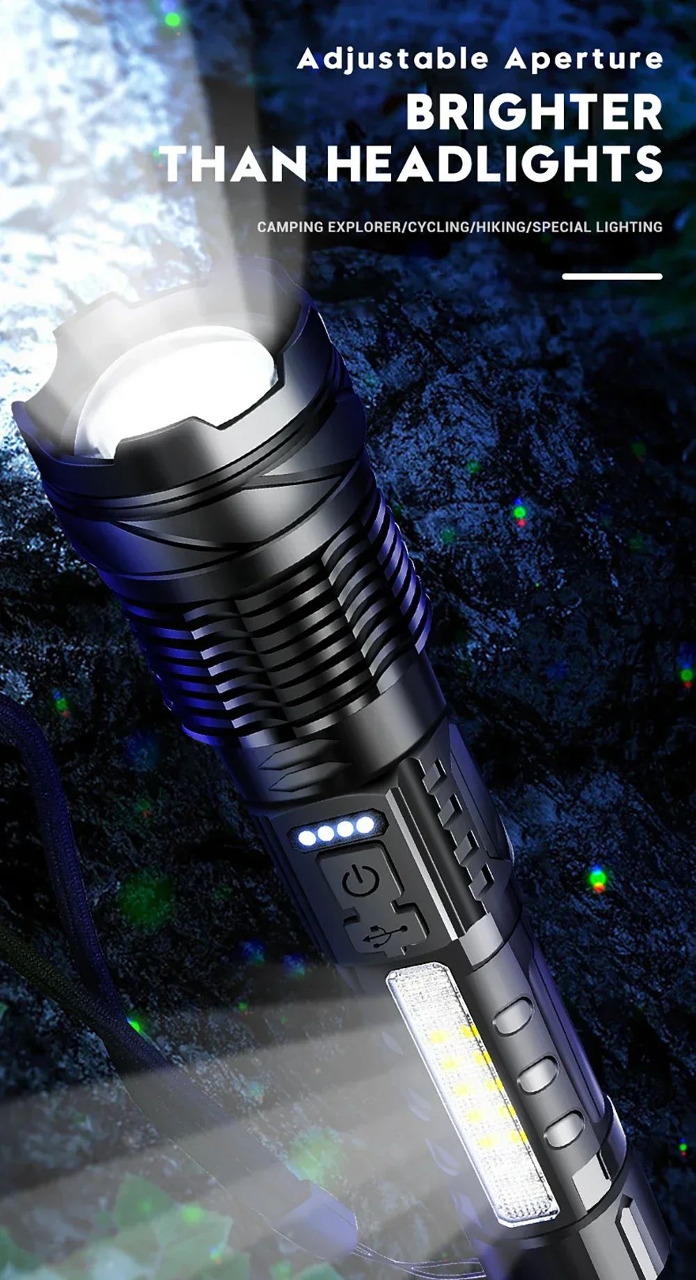 Powerful XHP50 LED Flashlight Waterproof Torch With Side Light 7 Modes Camping Fishing Lantern Type C Rechargeable Zoom Lamp