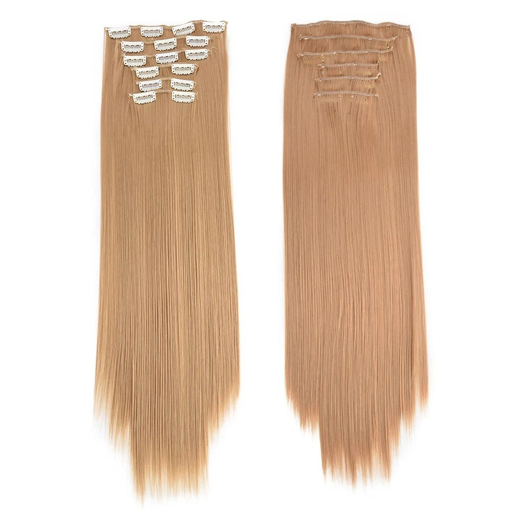 16 Clips in Hair Extensions 24Inchs Long Straight Hairstyle Synthetic Blonde Black Hairpieces Heat Resistant Fake Hair 6Pcs/Set