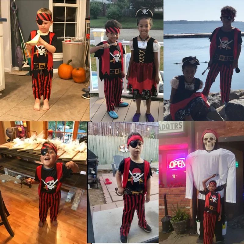 3-12Y Pirate Dress Up Costume with 7 Piece Toy Set Skull Print Top Halloween Cosplay Carnival Show Outfit Boys & Girls Holiday