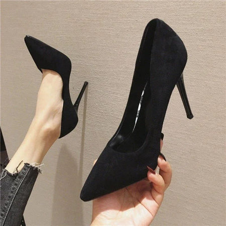 New Fashion women's shoes Sexy black high heels Sharp pointed suede pumps Elegant Shallow Mouth Shoes