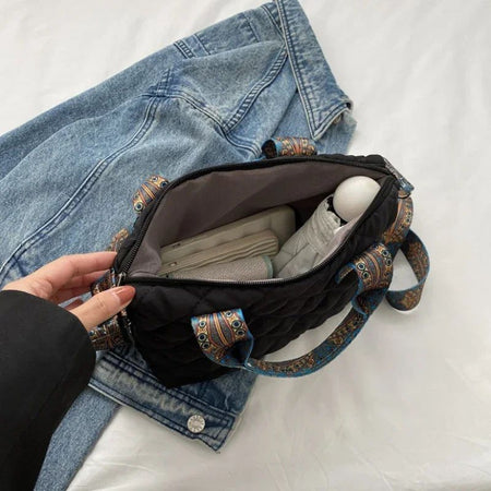 Women Wide Shoulder Belt Handbag Fall/Winter Rhombus Space Cotton Shoulder Bag Large Capacity All-Match Shopping Tote Bag