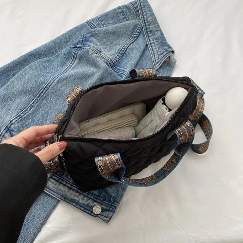 Women Wide Shoulder Belt Handbag Fall/Winter Rhombus Space Cotton Shoulder Bag Large Capacity All-Match Shopping Tote Bag