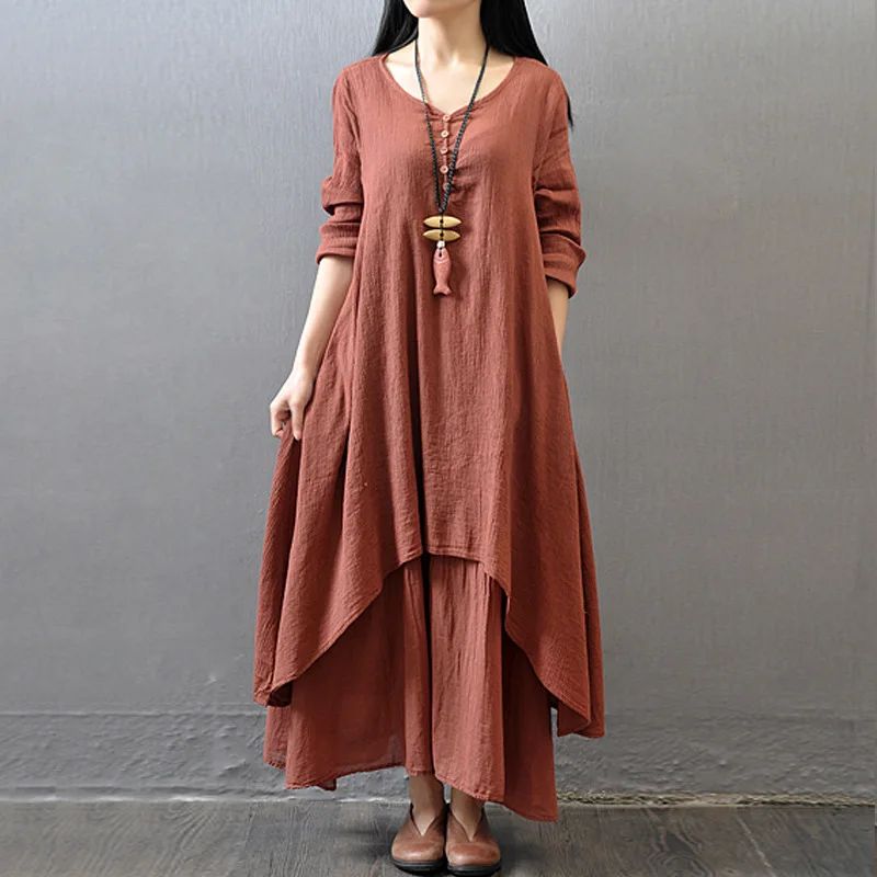 Summer Women Boho Vintage cotton and linen pocket dress Fake Two-piece Literary Irregular Large Swing Dress Robe double-layer