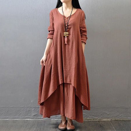 Summer Women Boho Vintage cotton and linen pocket dress Fake Two-piece Literary Irregular Large Swing Dress Robe double-layer