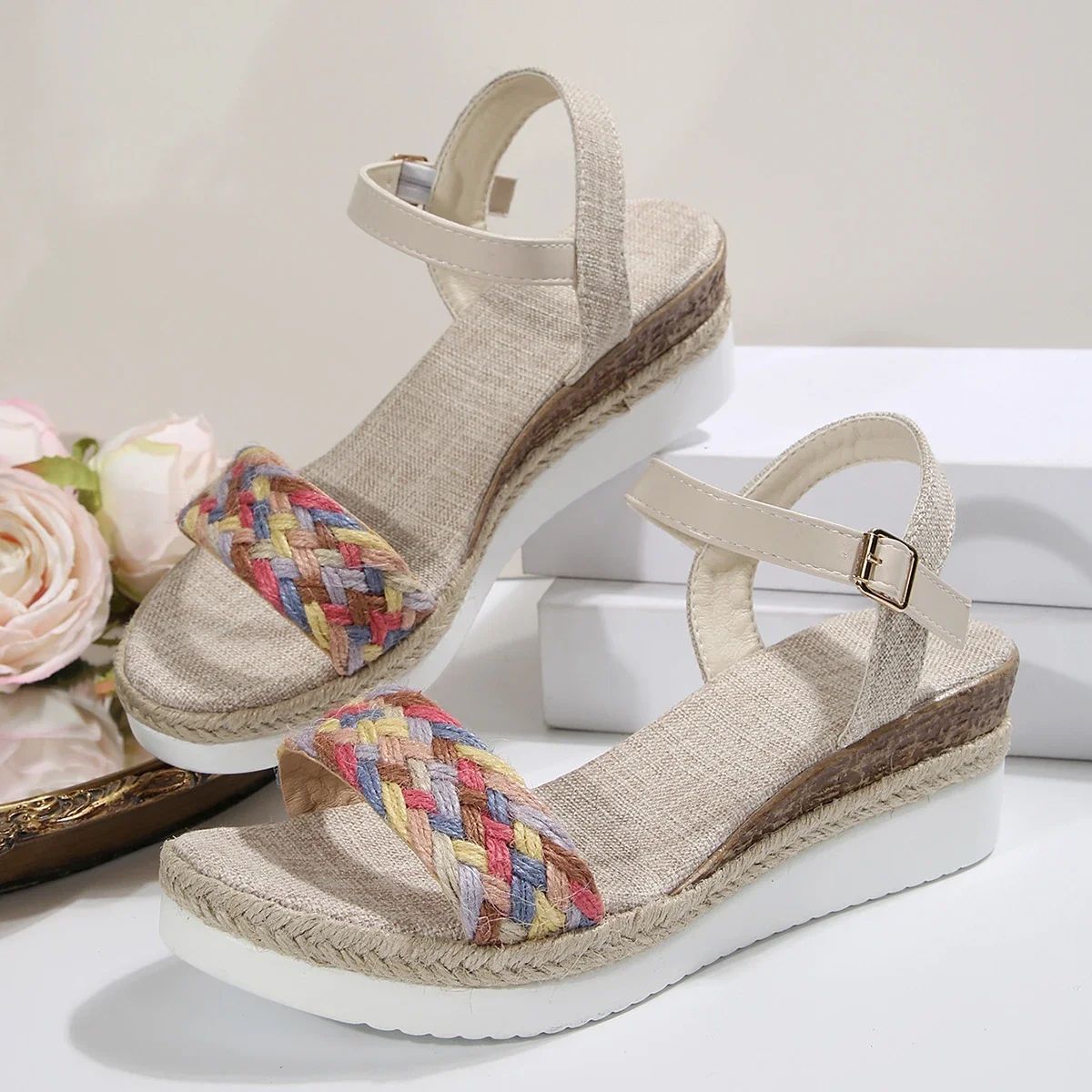 Summer Women's High Heel Sandals Heel Large Size Colorful Braided Rope Sandalias De Mujer Outdoor Versatile Zapatillas De Mujer