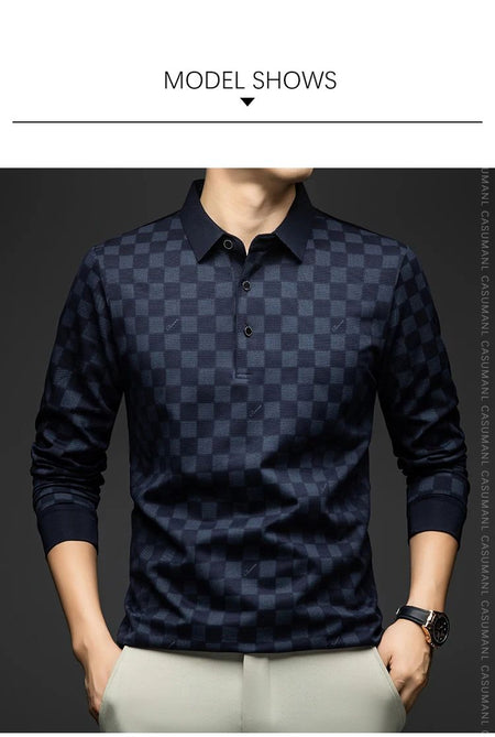 BROWON Polo Shirts for Man Autumn Business Slim Fit Long Sleeve T Shirt Men 2025 New Casual Loose Pullover Plaid Men Tops & Tees