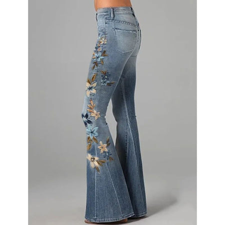 Women's Floral Embroidered High Waist Flared Jeans Vintage Boho Wide Leg Denim Pants for Party and Daily Outfits