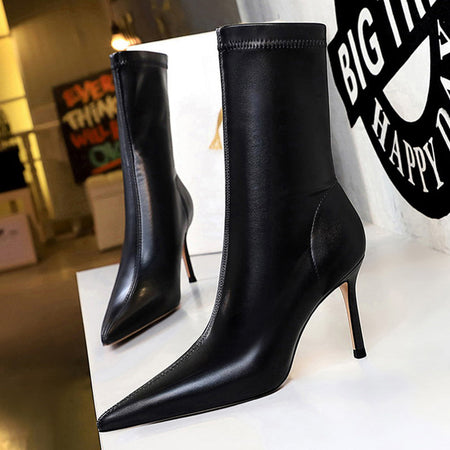 Women 7.5cm 10cm High Heels Leather Boots Lady Low Heels Short Ankle Boots Stripper Winter Warm Snow Plush Pointed Toe Shoes