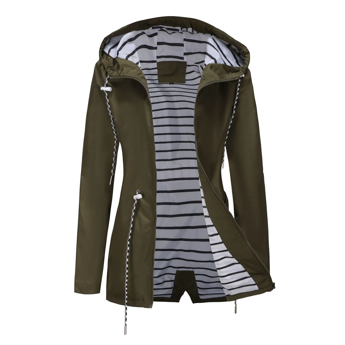 Blue Waterproof Hooded Jacket Women Fashion Casual Coat Waist Drawstring Tie Zipper Switch Red Green Yellow Black Windbreaker