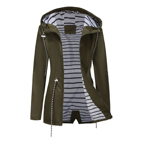 Blue Waterproof Hooded Jacket Women Fashion Casual Coat Waist Drawstring Tie Zipper Switch Red Green Yellow Black Windbreaker