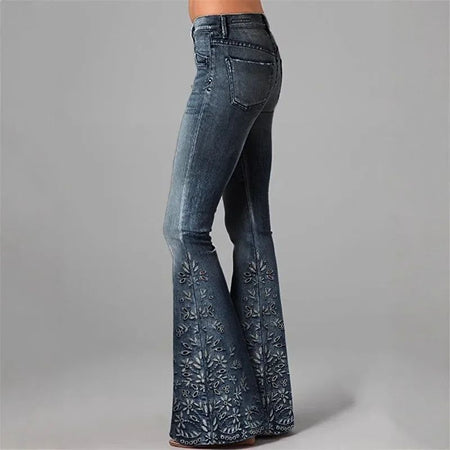 Women's Floral Embroidered High Waist Flared Jeans Vintage Boho Wide Leg Denim Pants for Party and Daily Outfits