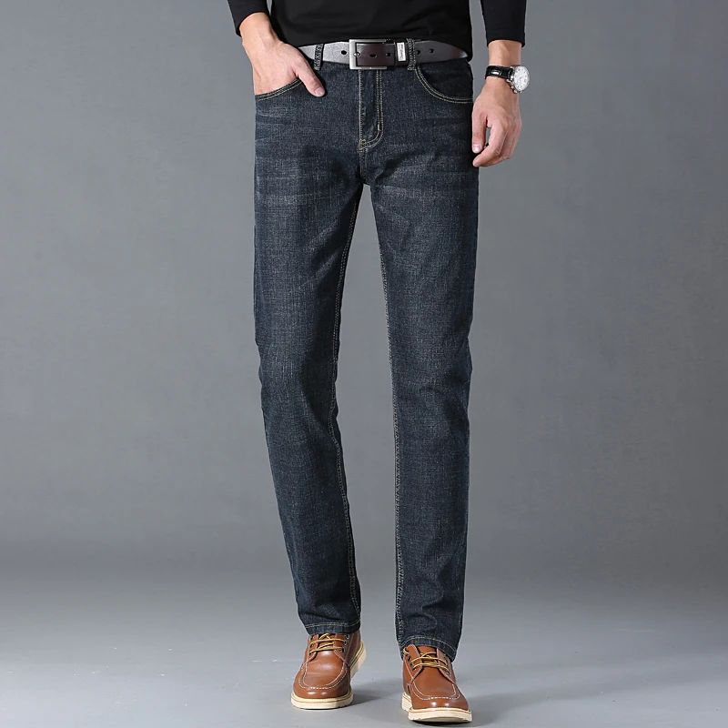 Spring Autumn Business Men Jeans Casual Straight Stretch Fashion Classic Black Sky Blue Grey Work Denim Trousers Brand Clothing