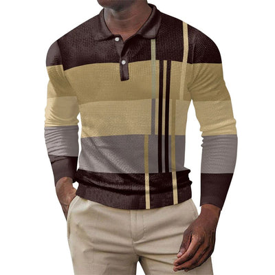2025 autumn men's polo shirt long sleeved stand up collar patchwork printed top fashionable street casual T-shirt men's shirt