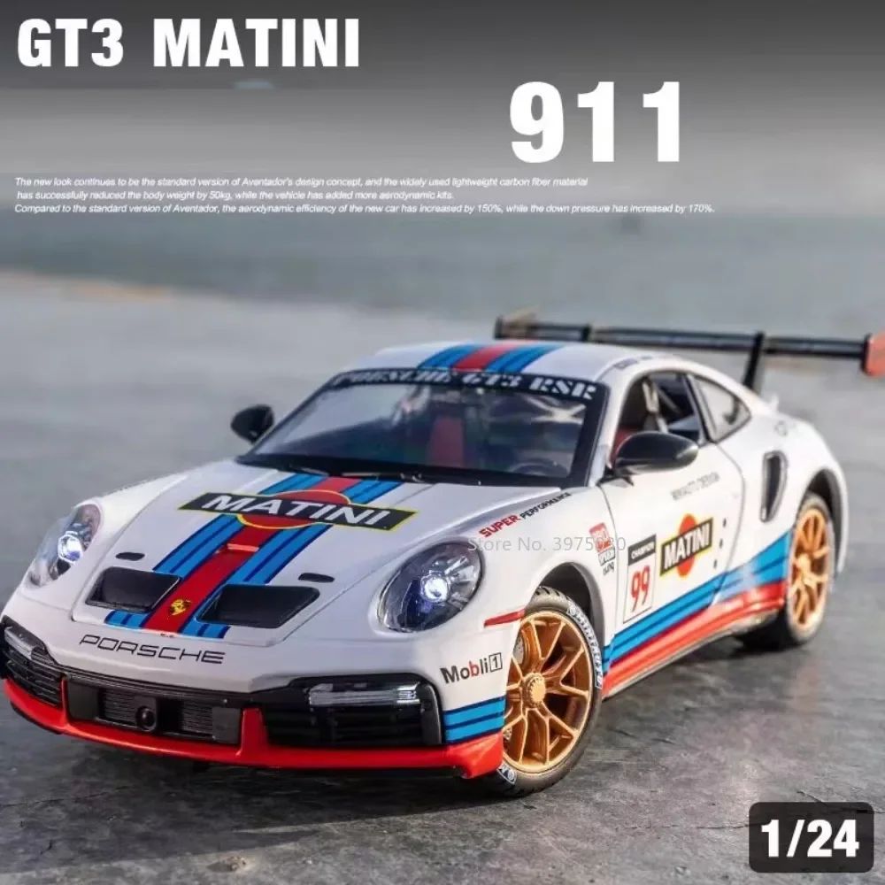 1:24 Alloy Porsche 911 GT3 RSR Sports Cars Diecast Miniature Models Toy with Sound Light Pull Back Vehicle Boys Collection Gifts