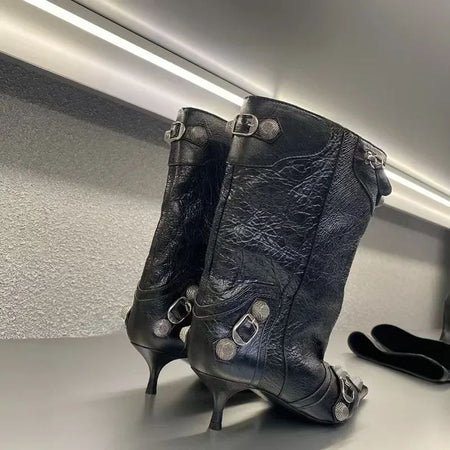 Women's Sexy Stiletto High Heels with Rivet Decoration, Wide Barrel Knee Length Boots, European and American Fashion Show Boots