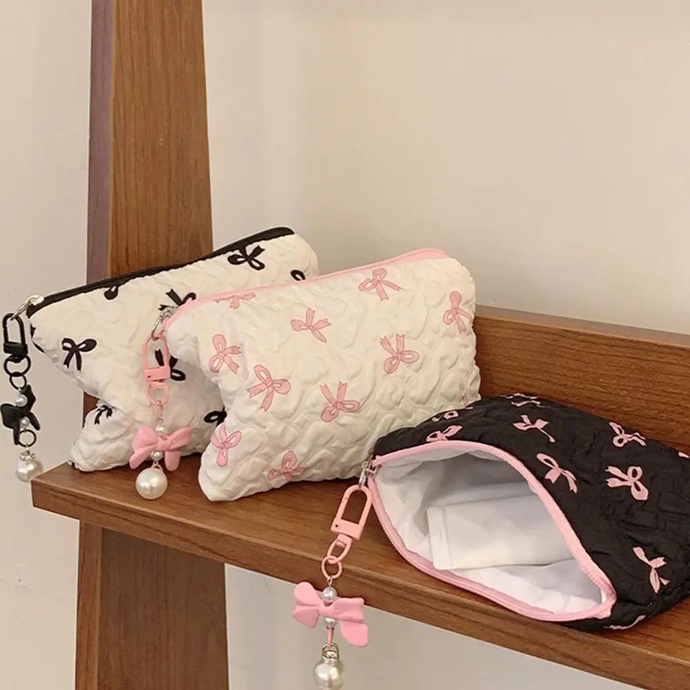 1PC Color Bow Canvas Large Capacity Lipstick Air Cushion Storage Bags Women's Makeup Bag Commuter Handbag Travel Toiletry Bags