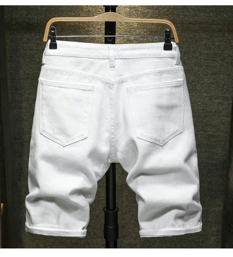 Streetwear Ripped White Denim Shorts Men New Fashion Knee Length Jeans Simple Casual Slim Hole Short Pants Male