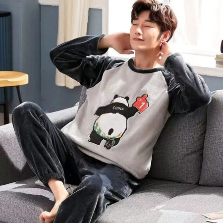 Thickened Flannel Sleepwear Set for Men Winter Home Clothes Coral Fleece Lined Autumn Winter Style Overhead Mens Nightgown