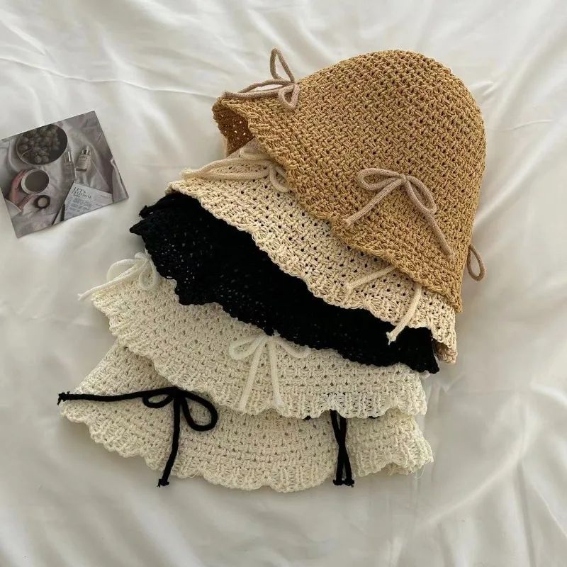 Korean Ins Bow Spring and Summer Fashion Sweet Bucket Hat Outdoor Sunshade Knitted Solid Color Straw Breathable Women Sun Hats