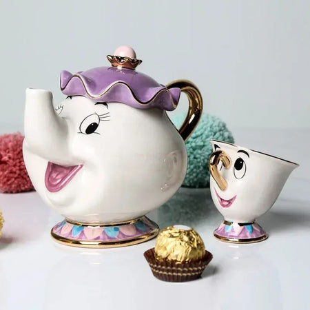 Disney Teapot Cute Cartoon Beauty And The Beast Coffee Pots Mug Mrs Potts Chip Cup Tea Cup Pots One Tea Set Droshipping Desk Gif