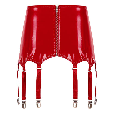 Womens Garters Latex Skirts Ladies Suspender Belt Wet Look Patent Leather Mini Skirts Garters with Metal Clips Clubwear Costume