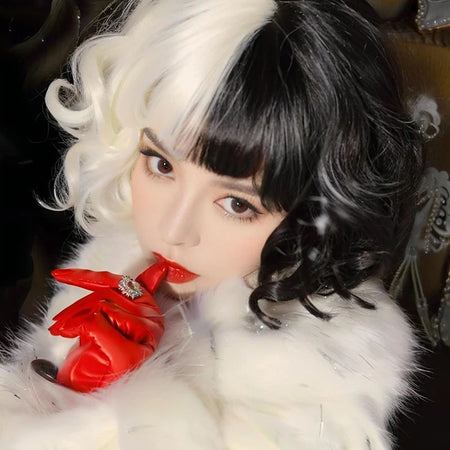 Half-Black And Half-White Cruella Cosplay Synthetic Hair 12-Inch Short Curly Hair Halloween Daily Party With Bangs Wig
