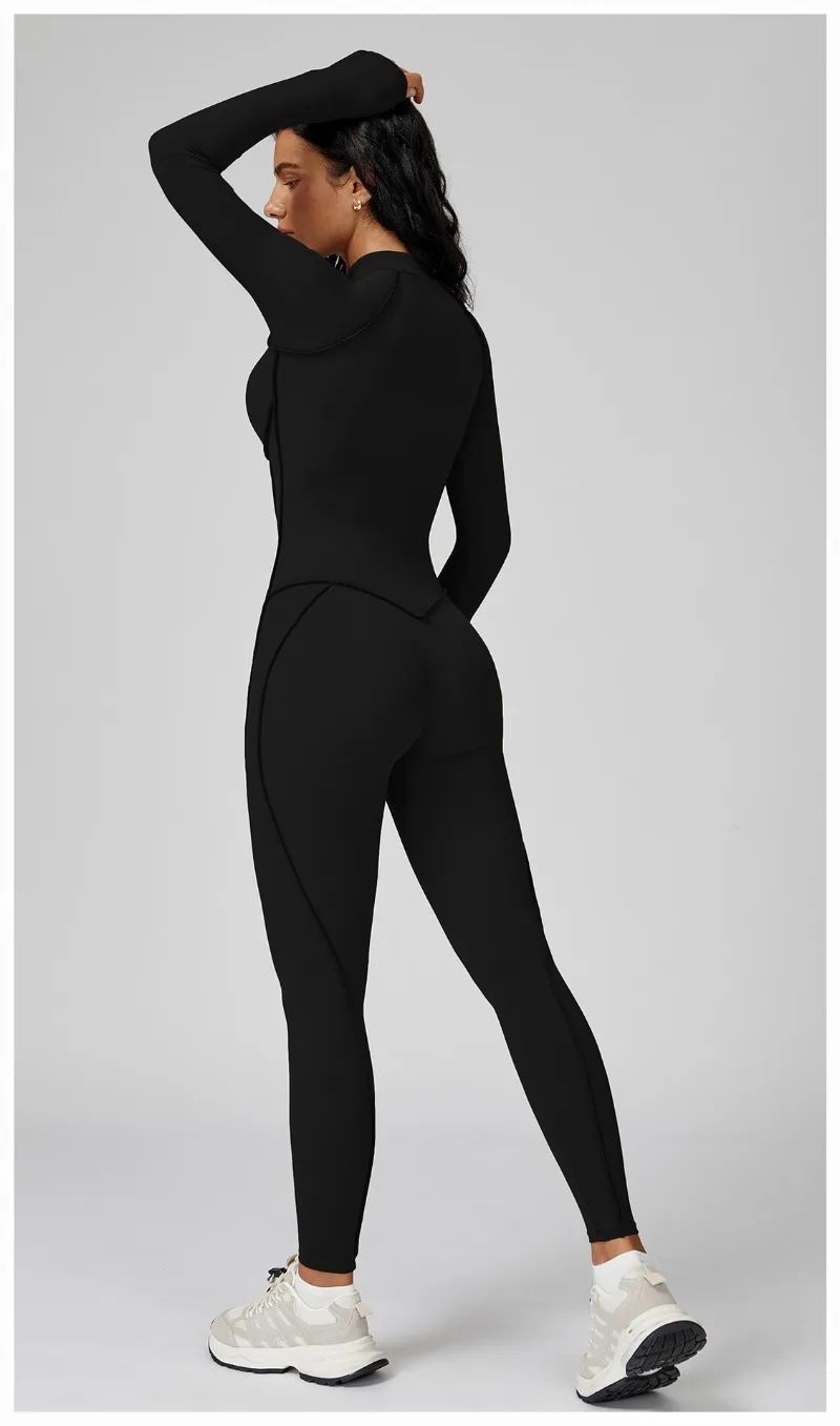 Women's Yoga Jumpsuit Long Sleeved Stand Collar Half Zip High-Intensity Workout One Piece Contrast Color Gym Fitness BodySuit
