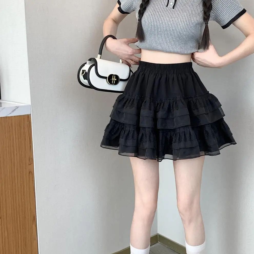 Plus Size New Style Pure Desire Aesthetic Mini Dress Net Yarn Fairy Puff Skirt High-Waisted Slimming Lace Cake A- Line Skirt ...
