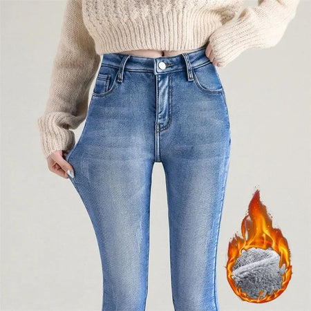 Winter Lady Thermal Plush Jeans Snow Warm Stretch Jeans Hot Sale High Waist Fleece Pants Female Straight Leg Denim Trousers