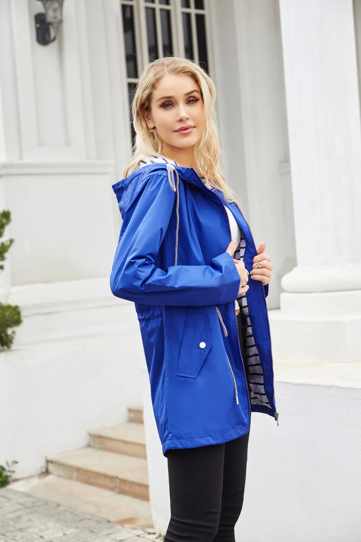 Blue Waterproof Hooded Jacket Women Fashion Casual Coat Waist Drawstring Tie Zipper Switch Red Green Yellow Black Windbreaker