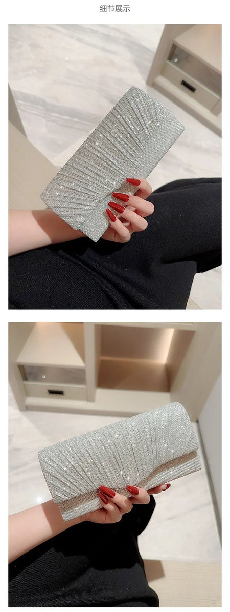 Wedding Party Handbag Ladies Glitter Silver Clutch Bag Envelope Evening Bag Fashion Elegant Long Purse Women Chain Shoulder Bags