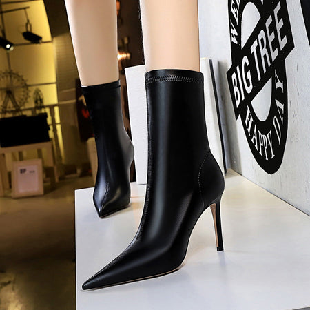 Women 7.5cm 10cm High Heels Leather Boots Lady Low Heels Short Ankle Boots Stripper Winter Warm Snow Plush Pointed Toe Shoes