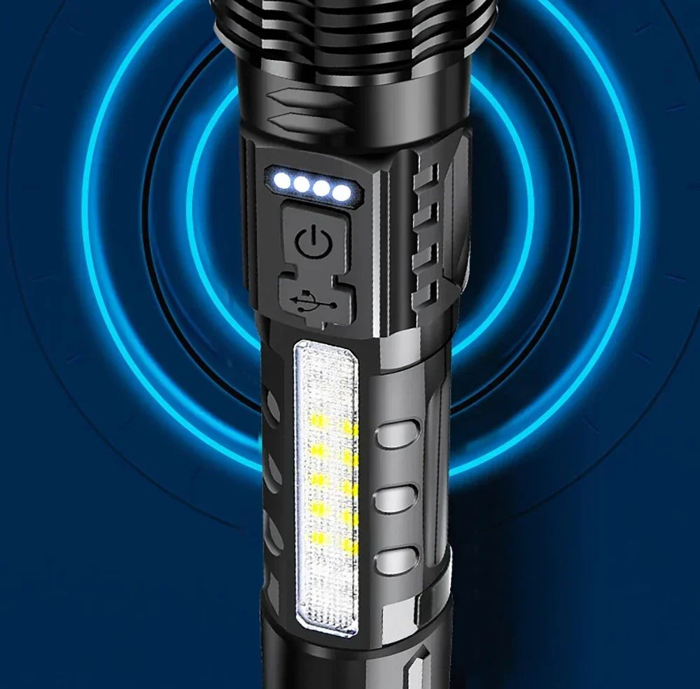 Powerful XHP50 LED Flashlight Waterproof Torch With Side Light 7 Modes Camping Fishing Lantern Type C Rechargeable Zoom Lamp