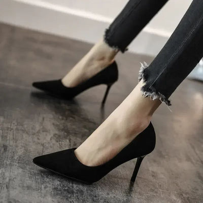New Fashion women's shoes Sexy black high heels Sharp pointed suede pumps Elegant Shallow Mouth Shoes