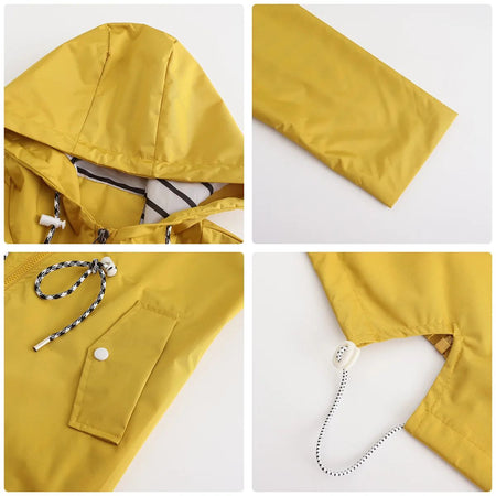 Blue Waterproof Hooded Jacket Women Fashion Casual Coat Waist Drawstring Tie Zipper Switch Red Green Yellow Black Windbreaker