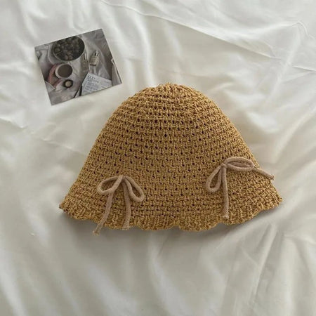 Korean Ins Bow Spring and Summer Fashion Sweet Bucket Hat Outdoor Sunshade Knitted Solid Color Straw Breathable Women Sun Hats