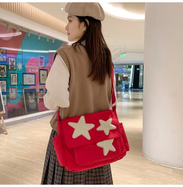 Women Star Pattern Y2k Messenger Bag Casual Tote Lady Simple Large Capacity Shoulder Bag Girl Travel School Bookbag Handbag