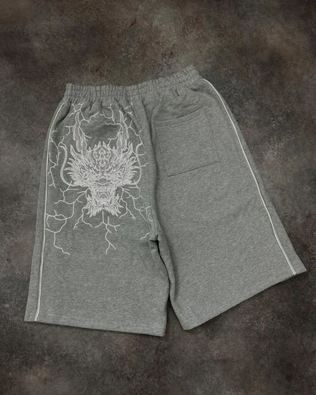 American Hip-hop Dragon Head Striped Casual Loose Shorts Men 2025 High Street Retro Punk Fashion Oversized Straight Pants Women