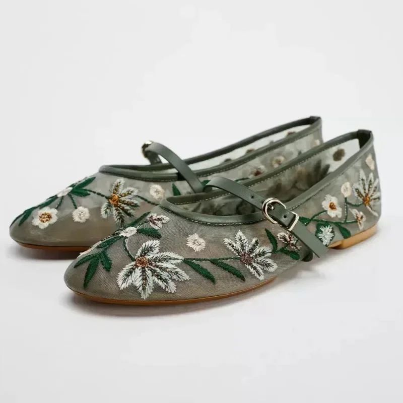 New Mesh Breathable Ballet Flats Women Luxury Designer Embroidered Flower Mary Jane Shoes Light Comfort Low Heeled Summer Flats