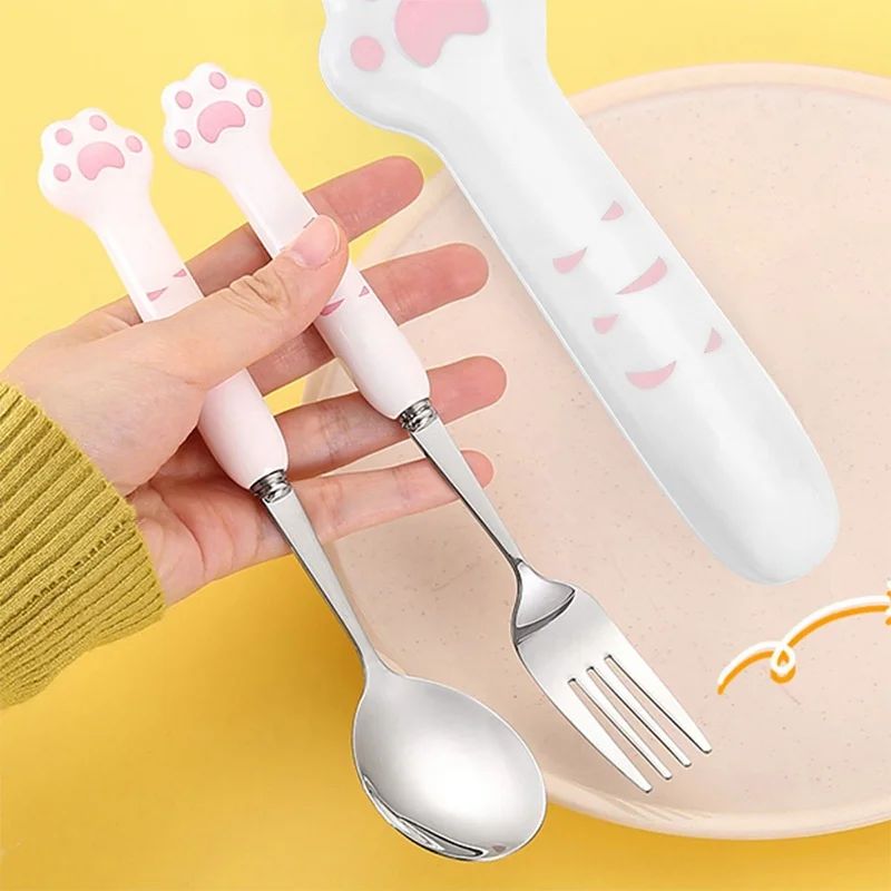 Cute Cat Paw Cutlery Set Stainless Steel Fork Spoon with Storage Box Dinnerware Tableware Silverware Lunch Bento Accessories