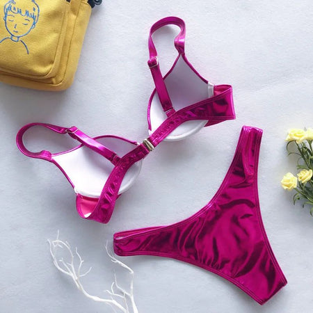 Metallic Summer Push Up Padded Bra Bathing Suit Beach Wear Women Sexy Thong Bikini Set Silver Gold Dropshipping Biquini Swimwear
