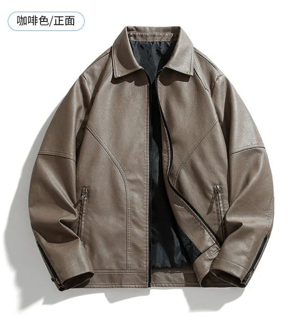 Men Coat Zipper Solid Jackets Long Sleeve Cardigan Leather Outerwear Loose Pockets High Street 2025 Spliced Faux Leather