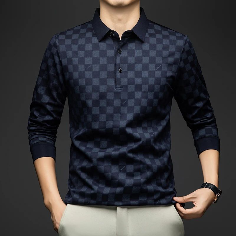 BROWON Polo Shirts for Man Autumn Business Slim Fit Long Sleeve T Shirt Men 2025 New Casual Loose Pullover Plaid Men Tops & Tees