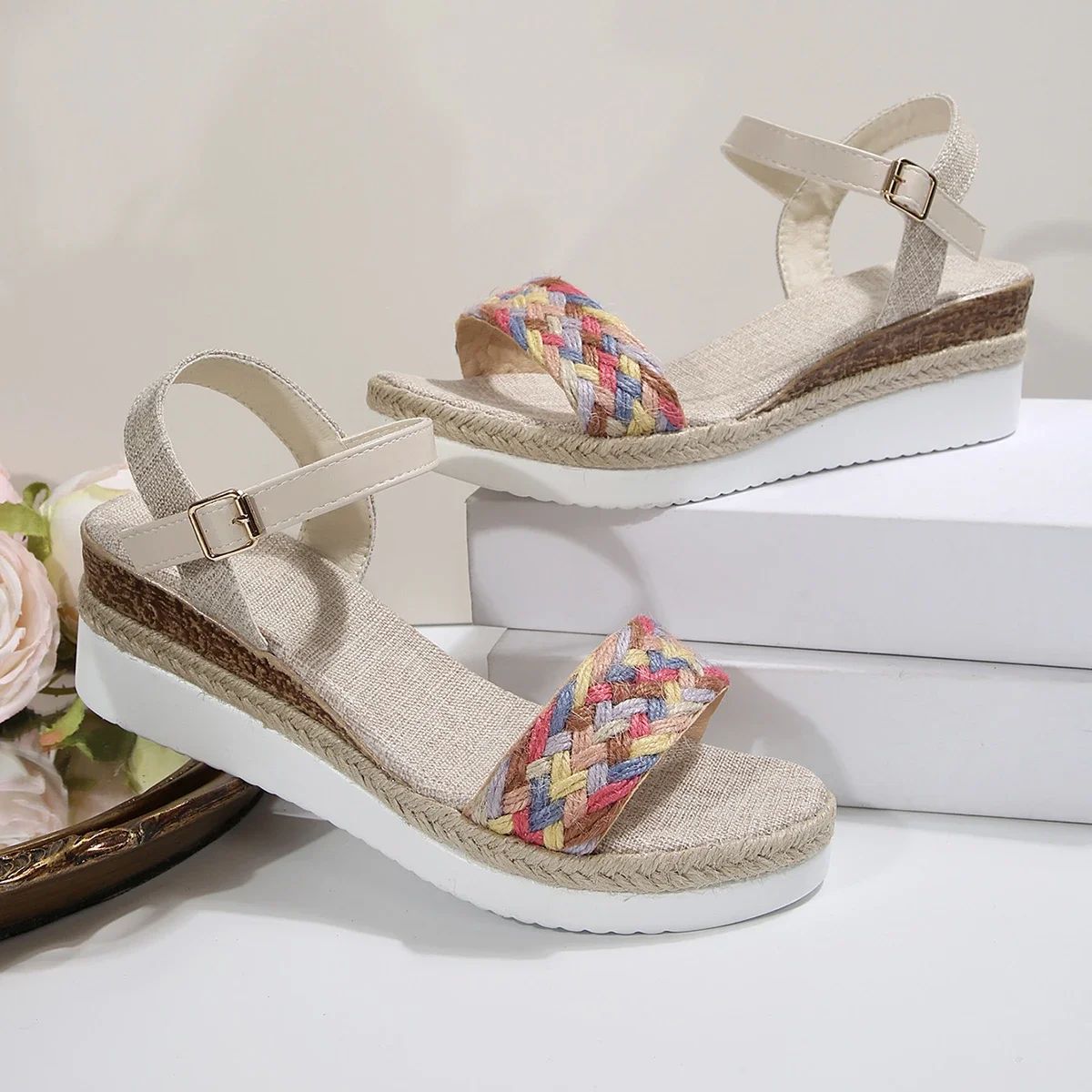 Summer Women's High Heel Sandals Heel Large Size Colorful Braided Rope Sandalias De Mujer Outdoor Versatile Zapatillas De Mujer