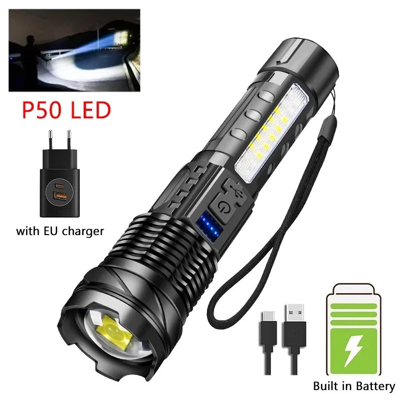 Powerful XHP50 LED Flashlight Waterproof Torch With Side Light 7 Modes Camping Fishing Lantern Type C Rechargeable Zoom Lamp