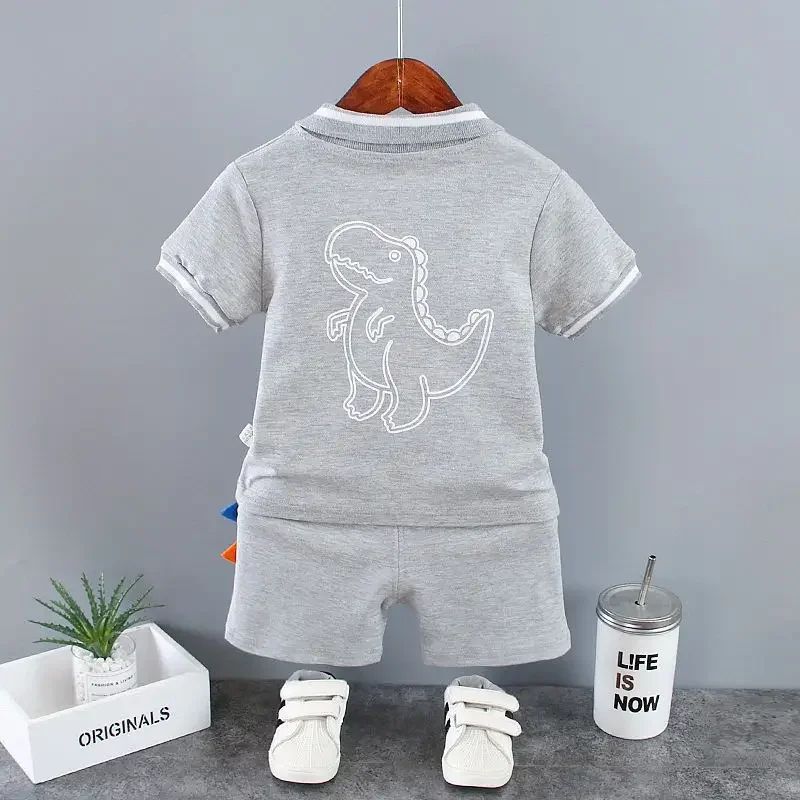 Summer Kids Outfits Baby Boys Clothes Set Dinosaur Printed Turn-down Collar T-Shirts Tops+ Shorts 2PCS/Suit Infant Clothing Sets