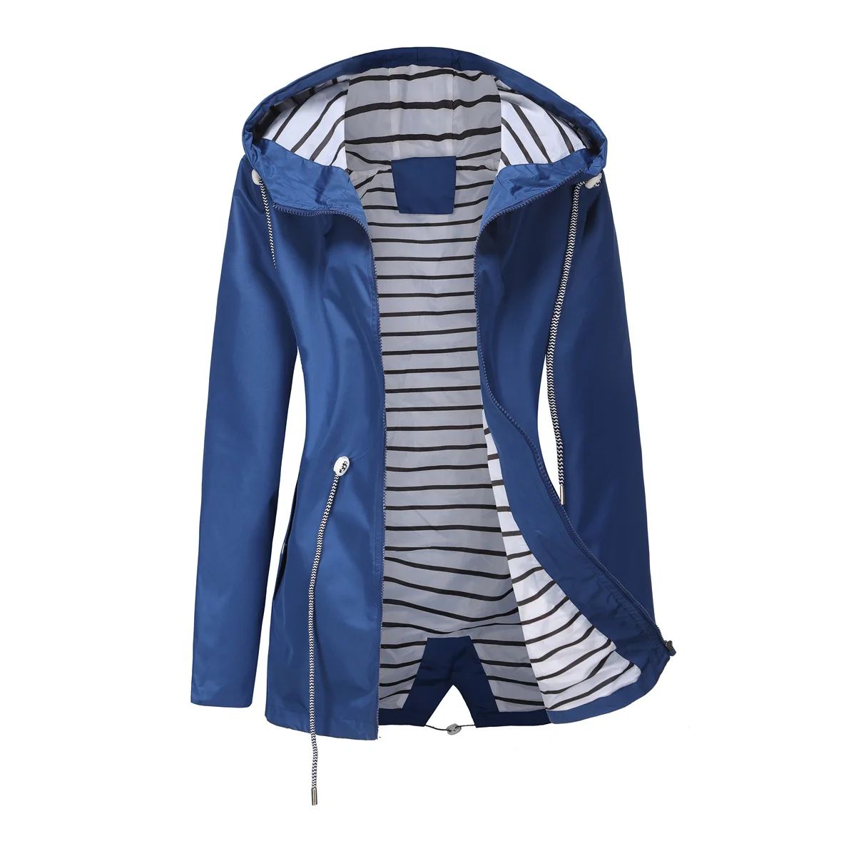 Blue Waterproof Hooded Jacket Women Fashion Casual Coat Waist Drawstring Tie Zipper Switch Red Green Yellow Black Windbreaker