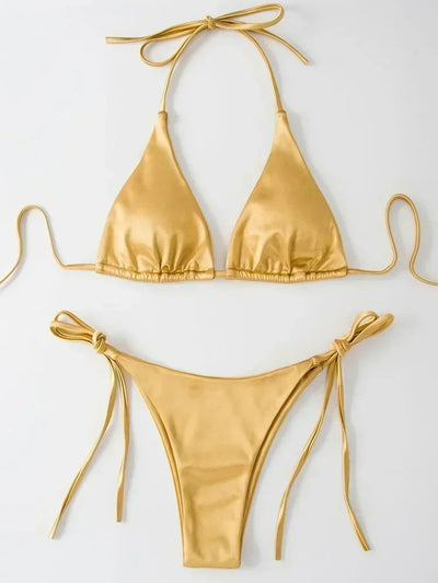 Wrap Around Halter Metallic Satin Bikini Women Swimwear Female Swimsuit Two-pieces Bikini Set Brazilian Bathing Suit Swim Lady