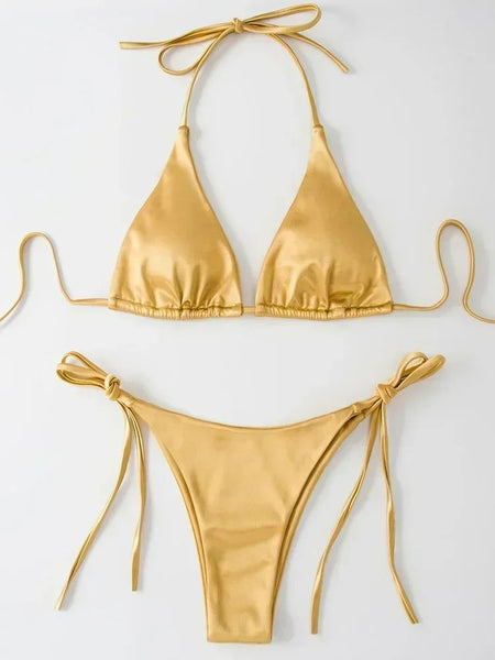 Wrap Around Halter Metallic Satin Bikini Women Swimwear Female Swimsuit Two-pieces Bikini Set Brazilian Bathing Suit Swim Lady