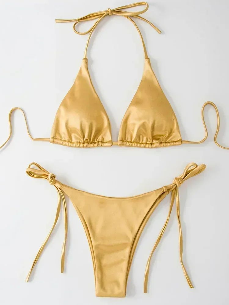 Wrap Around Halter Metallic Satin Bikini Women Swimwear Female Swimsuit Two-pieces Bikini Set Brazilian Bathing Suit Swim Lady